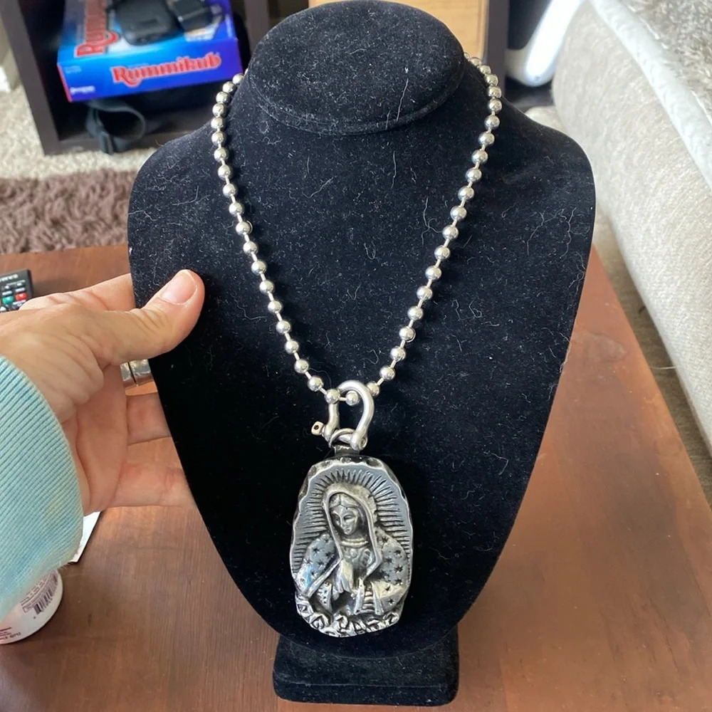 Silver our lady of Guadalupe (Mary) statement necklace sand casted w/ 2 …